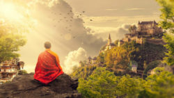 artistic rendition of meditating monk in green scenery